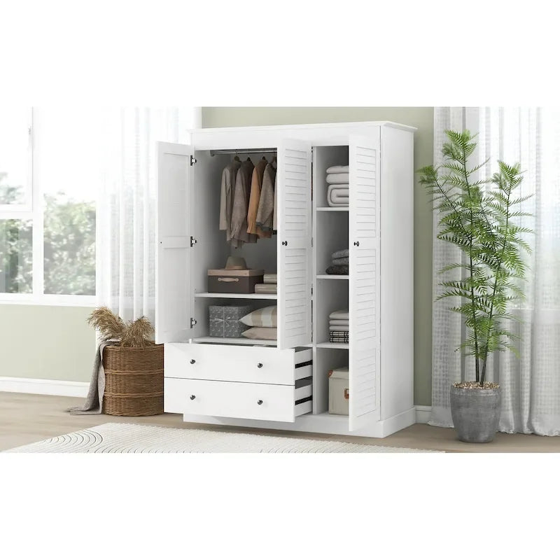 47,2 Armoire moderne avec 3 portes persiennes, 2 tiroirs et 4 étagères de rangement