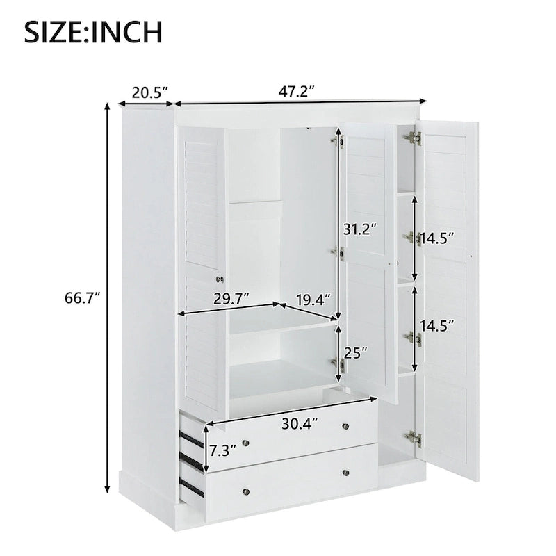 47,2 Armoire moderne avec 3 portes persiennes, 2 tiroirs et 4 étagères de rangement