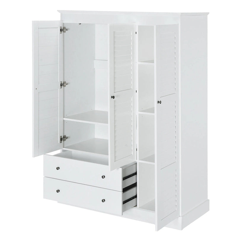 47,2 Armoire moderne avec 3 portes persiennes, 2 tiroirs et 4 étagères de rangement