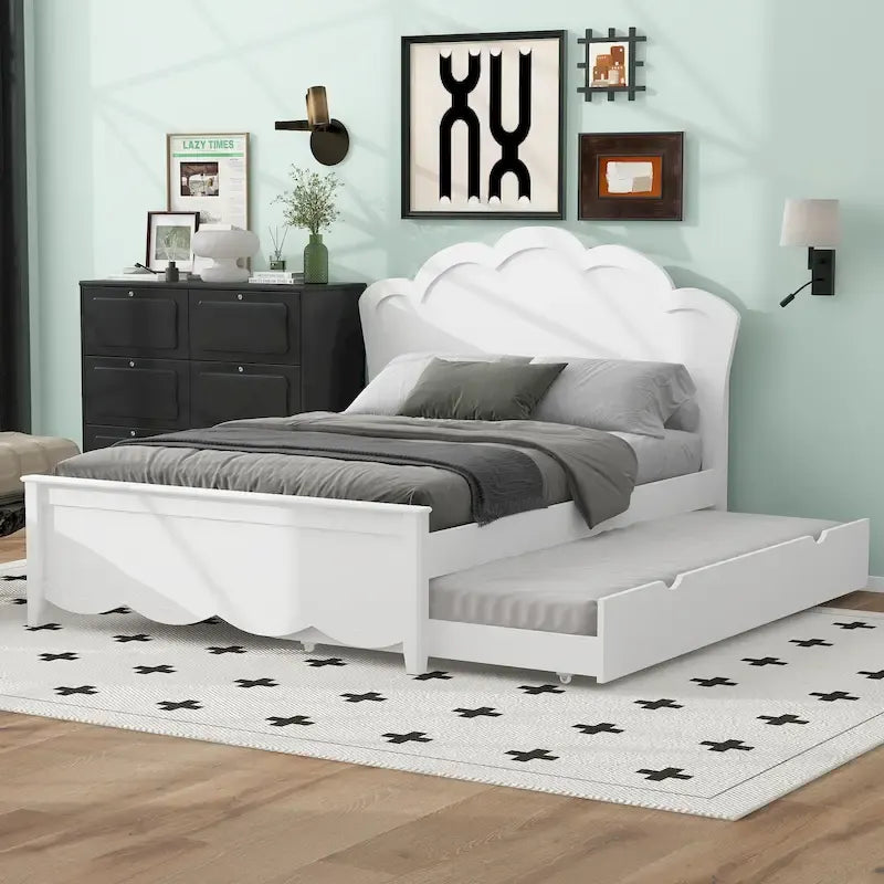 Lit plateforme moderne blanc en bois, taille double, avec tête de lit et lit gigogne simple