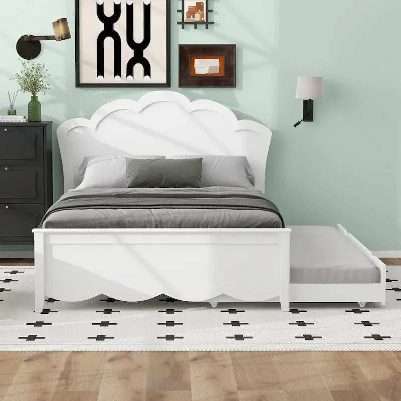 Lit plateforme moderne blanc en bois, taille double, avec tête de lit et lit gigogne simple