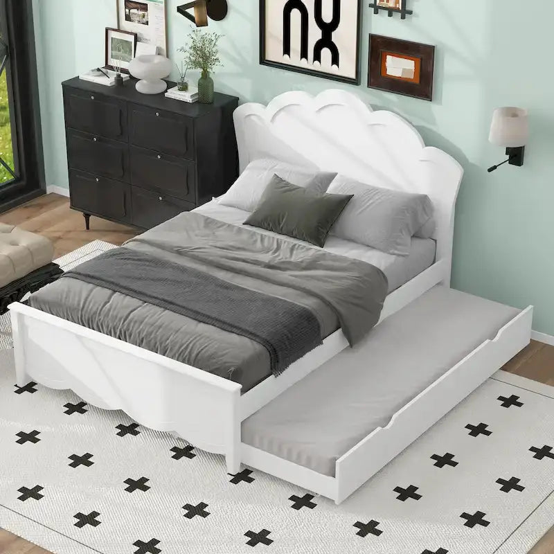 Lit plateforme moderne blanc en bois, taille double, avec tête de lit et lit gigogne simple