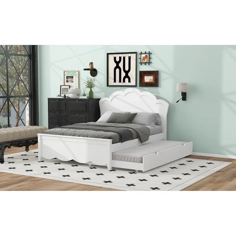 Lit plateforme moderne blanc en bois, taille double, avec tête de lit et lit gigogne simple