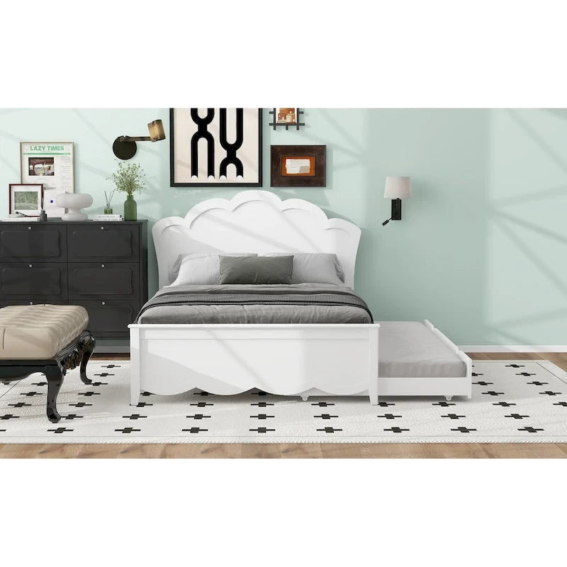 Lit plateforme moderne blanc en bois, taille double, avec tête de lit et lit gigogne simple