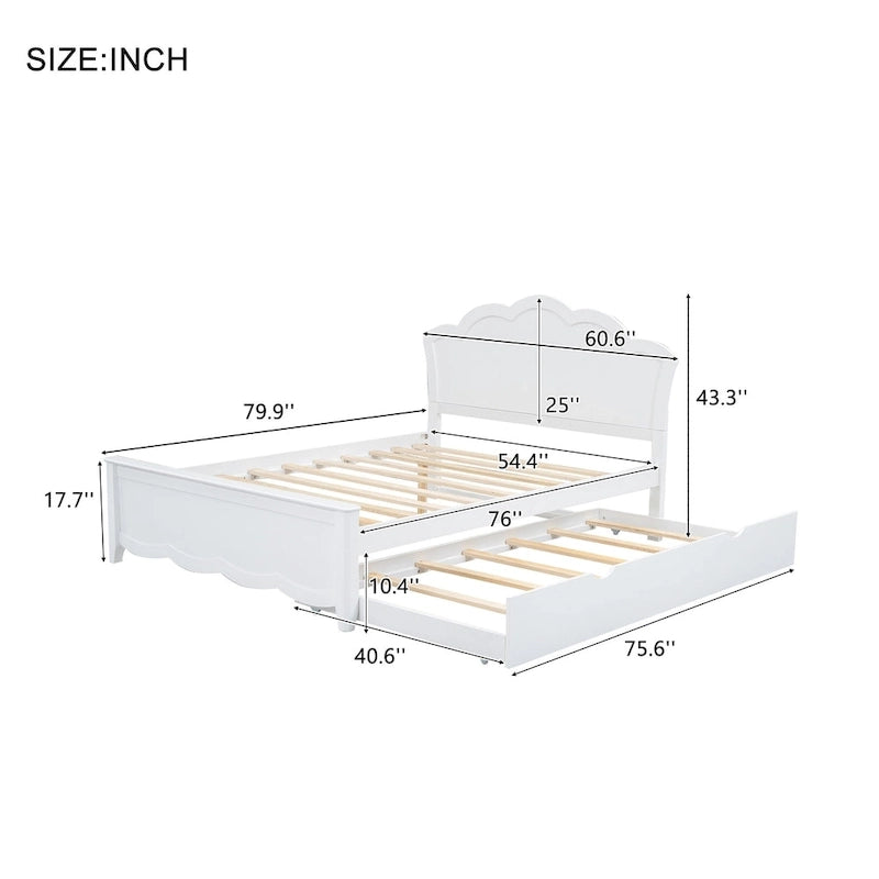 Lit plateforme moderne blanc en bois, taille double, avec tête de lit et lit gigogne simple