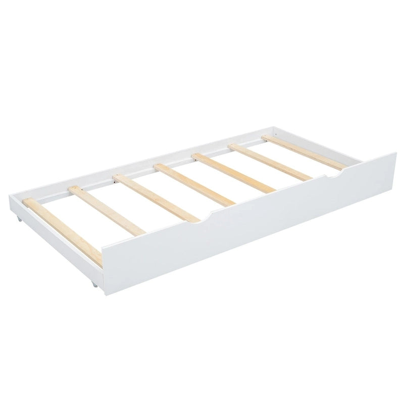 Lit plateforme moderne blanc en bois, taille double, avec tête de lit et lit gigogne simple