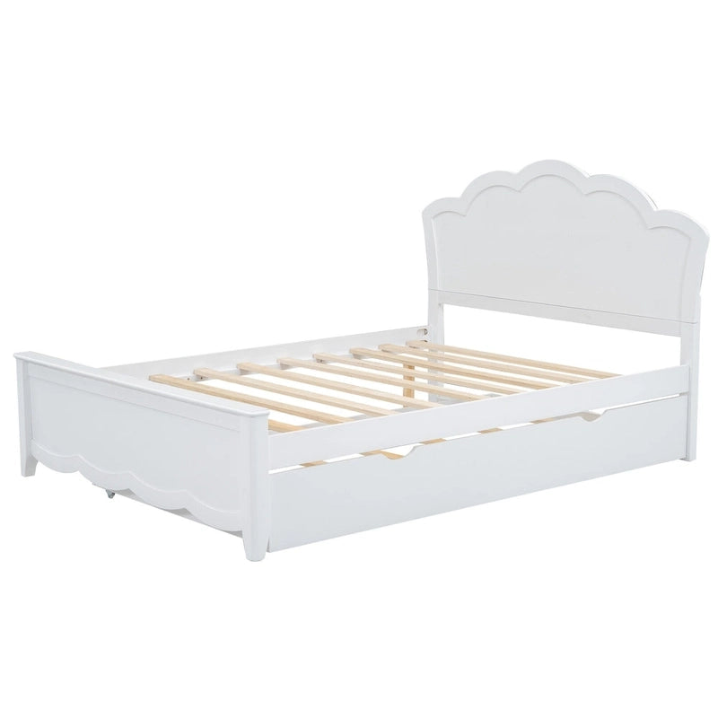 Lit plateforme moderne blanc en bois, taille double, avec tête de lit et lit gigogne simple