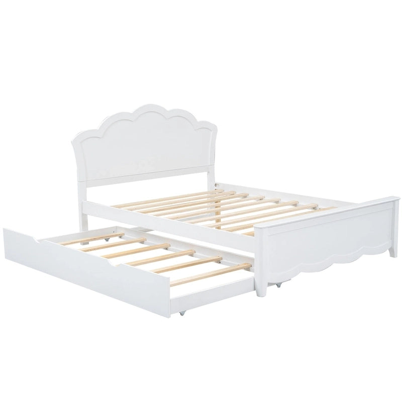 Lit plateforme moderne blanc en bois, taille double, avec tête de lit et lit gigogne simple
