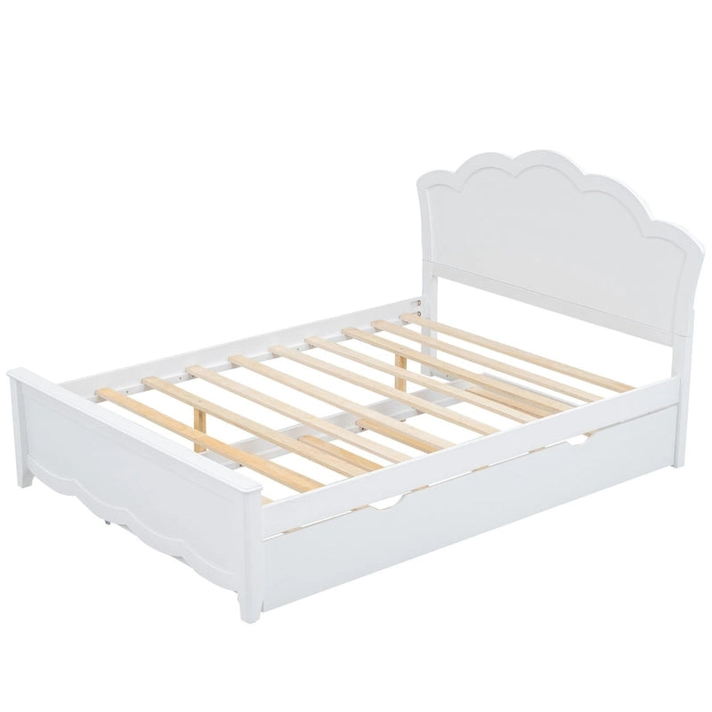 Lit plateforme moderne blanc en bois, taille double, avec tête de lit et lit gigogne simple