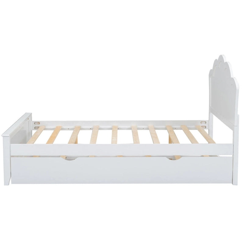 Lit plateforme moderne blanc en bois, taille double, avec tête de lit et lit gigogne simple