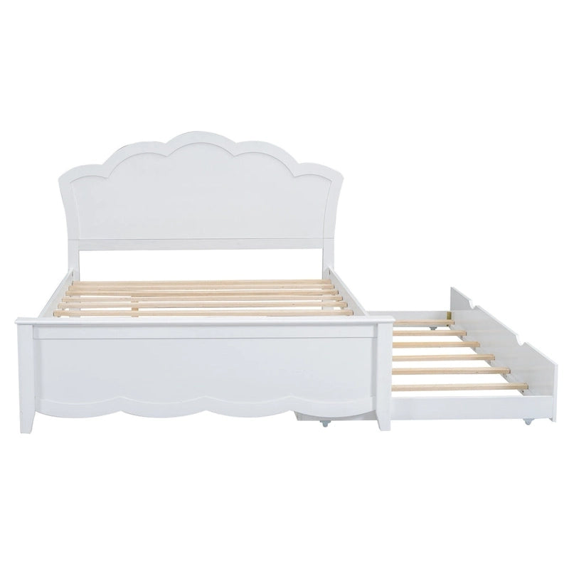 Lit plateforme moderne blanc en bois, taille double, avec tête de lit et lit gigogne simple