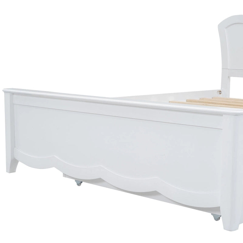 Lit plateforme moderne blanc en bois, taille double, avec tête de lit et lit gigogne simple
