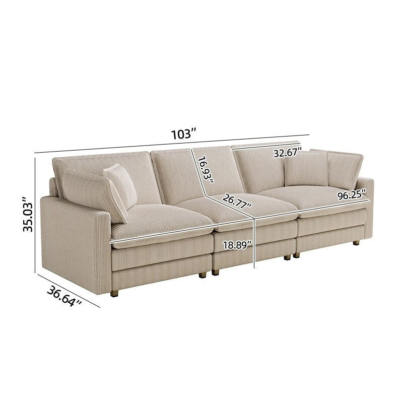 Canapé 4 places classique moderne en velours côtelé 103 avec assise profonde et 4 coussins