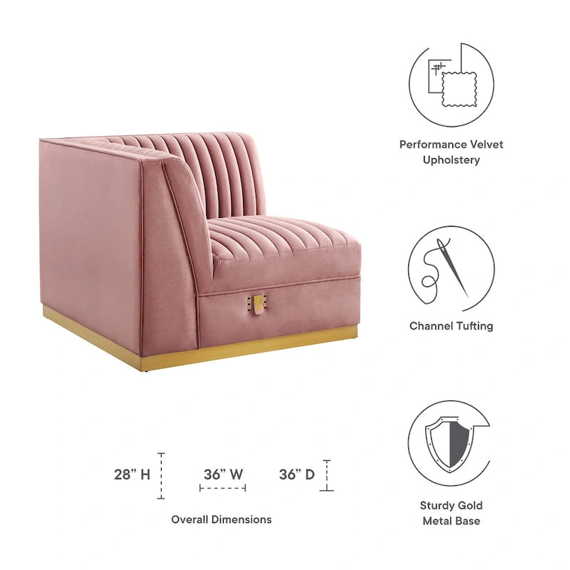Fauteuil d'angle gauche de canapé modulaire en velours performant capitonné Channel