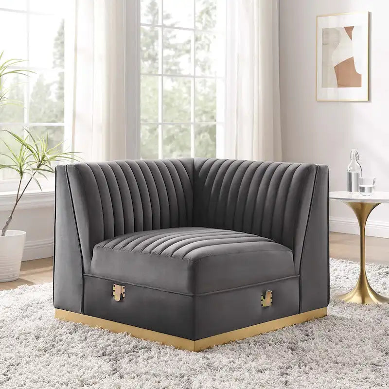 Fauteuil d'angle gauche de canapé modulaire en velours performant capitonné Channel