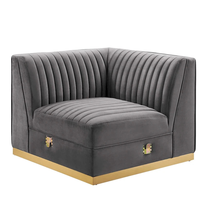 Fauteuil d'angle gauche de canapé modulaire en velours performant capitonné Channel