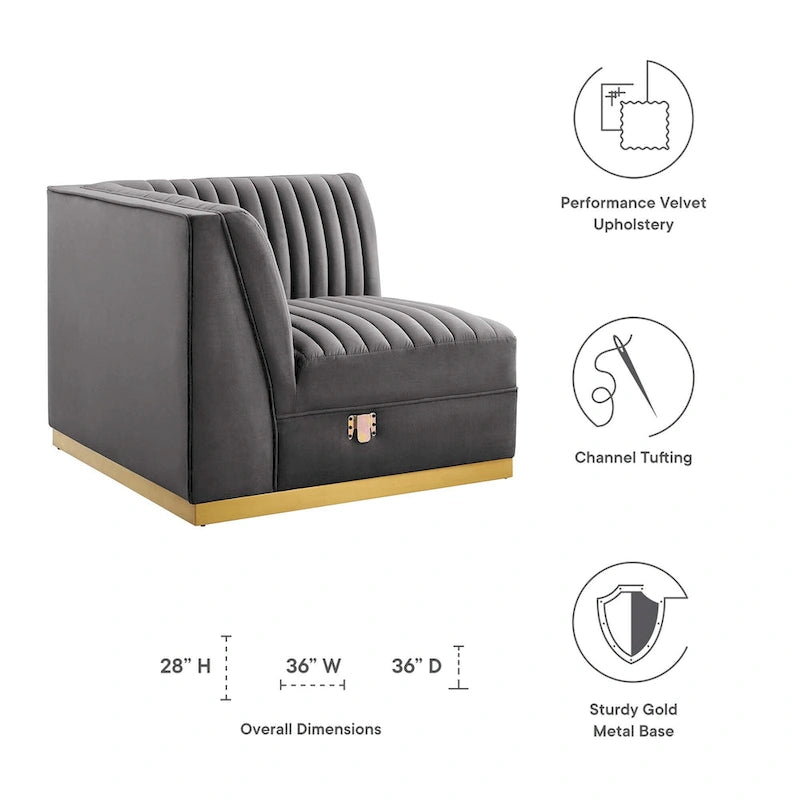Fauteuil d'angle gauche de canapé modulaire en velours performant capitonné Channel