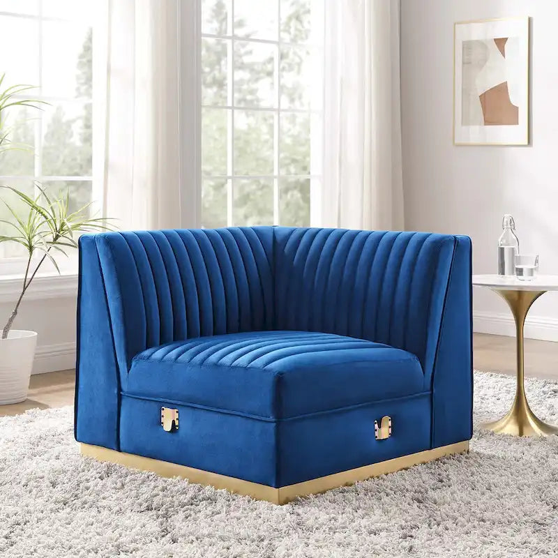 Fauteuil d'angle gauche de canapé modulaire en velours performant capitonné Channel