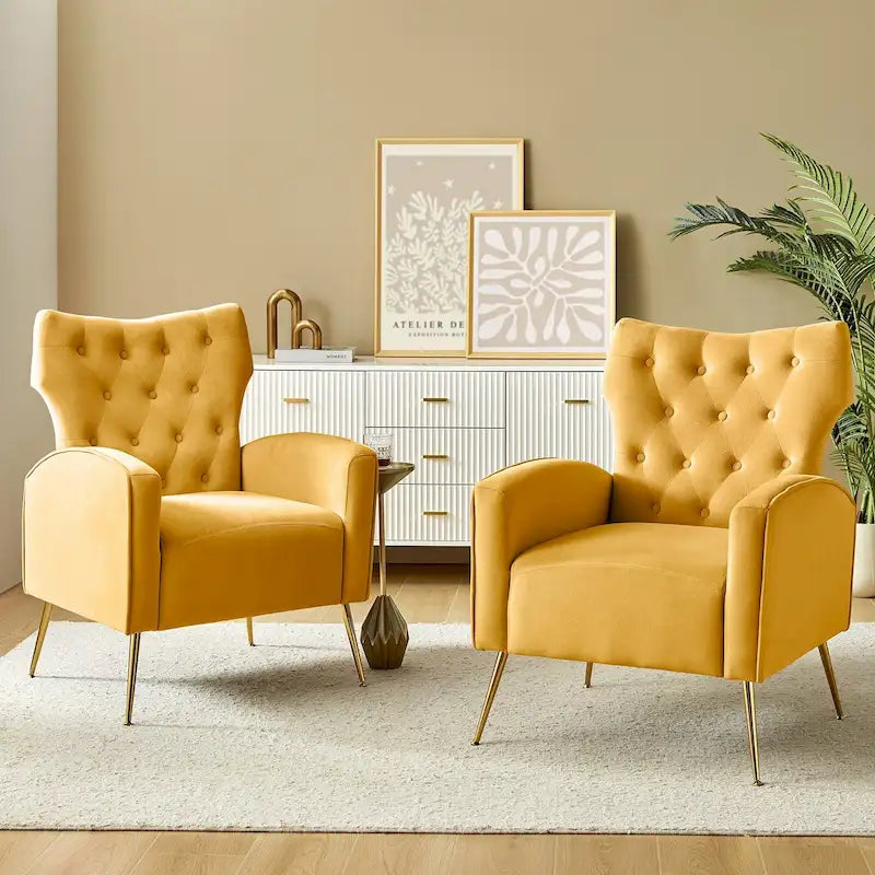 Fauteuil à oreilles contemporain en velours capitonné avec pieds évasés en métal doré (paquet de 2)