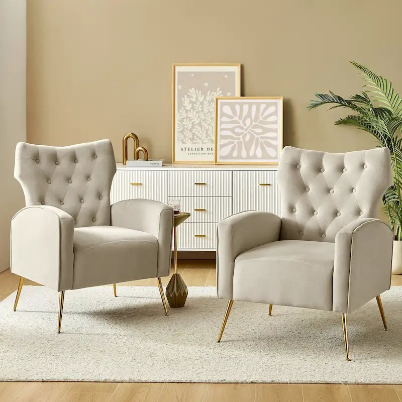 Fauteuil à oreilles contemporain en velours capitonné avec pieds évasés en métal doré (paquet de 2)