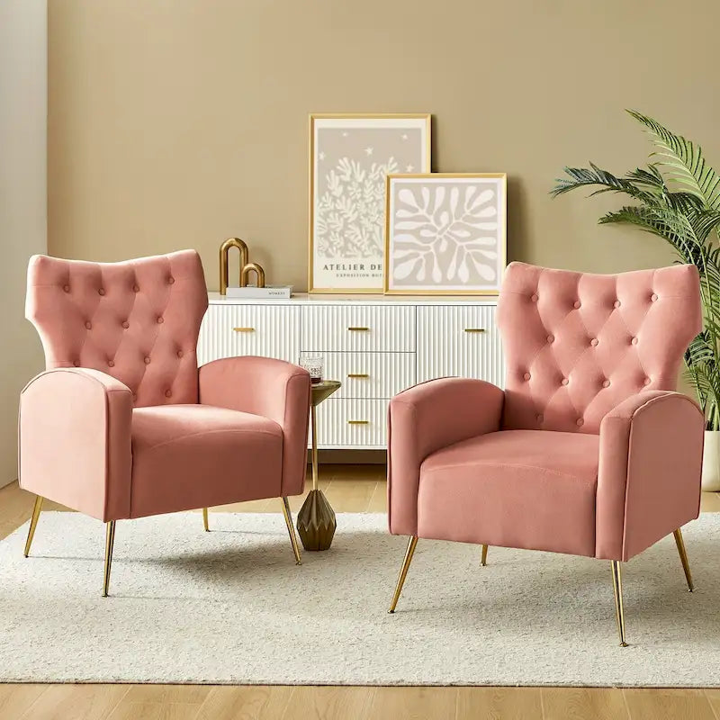 Fauteuil à oreilles contemporain en velours capitonné avec pieds évasés en métal doré (paquet de 2)