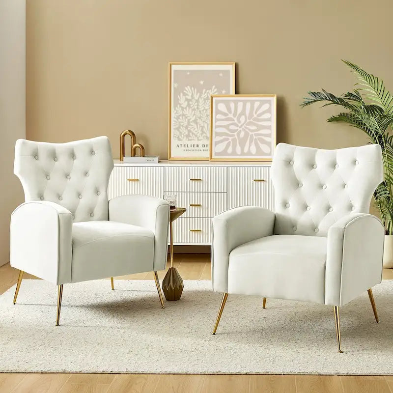 Fauteuil à oreilles contemporain en velours capitonné avec pieds évasés en métal doré (paquet de 2)