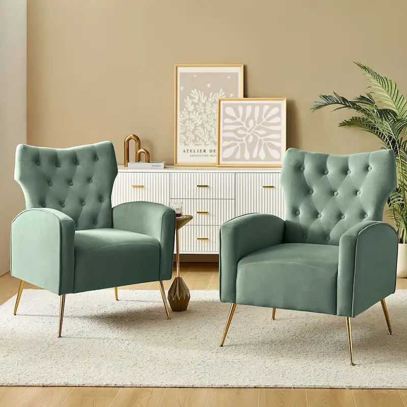 Fauteuil à oreilles contemporain en velours capitonné avec pieds évasés en métal doré (paquet de 2)