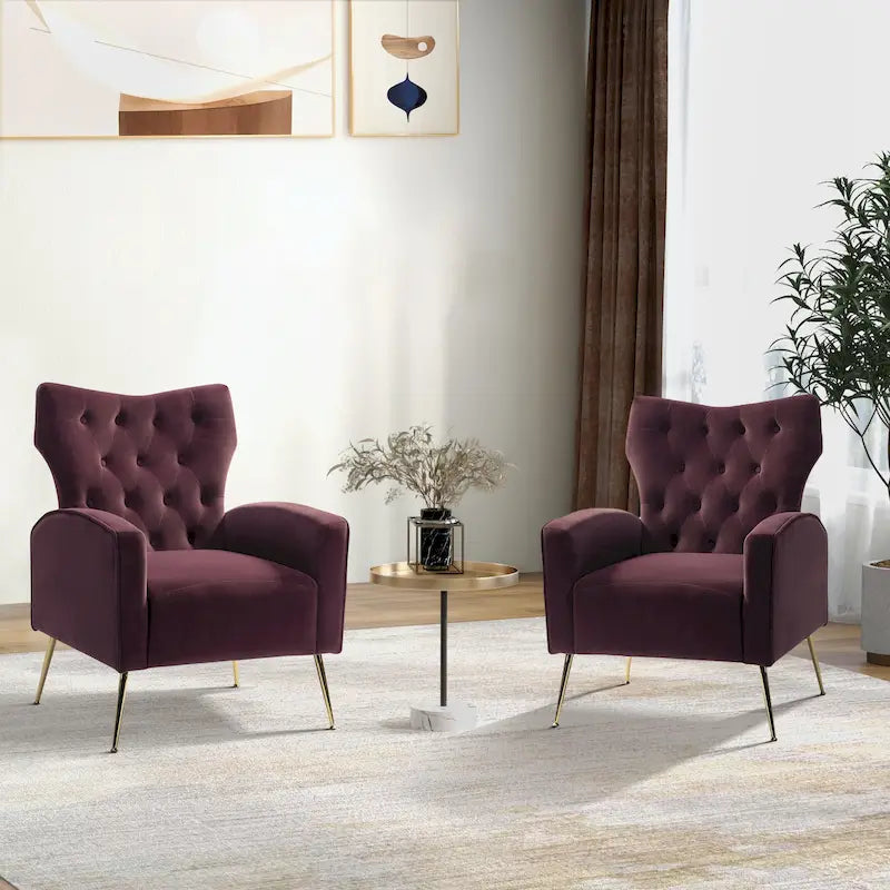 Fauteuil à oreilles contemporain en velours capitonné avec pieds évasés en métal doré (paquet de 2)