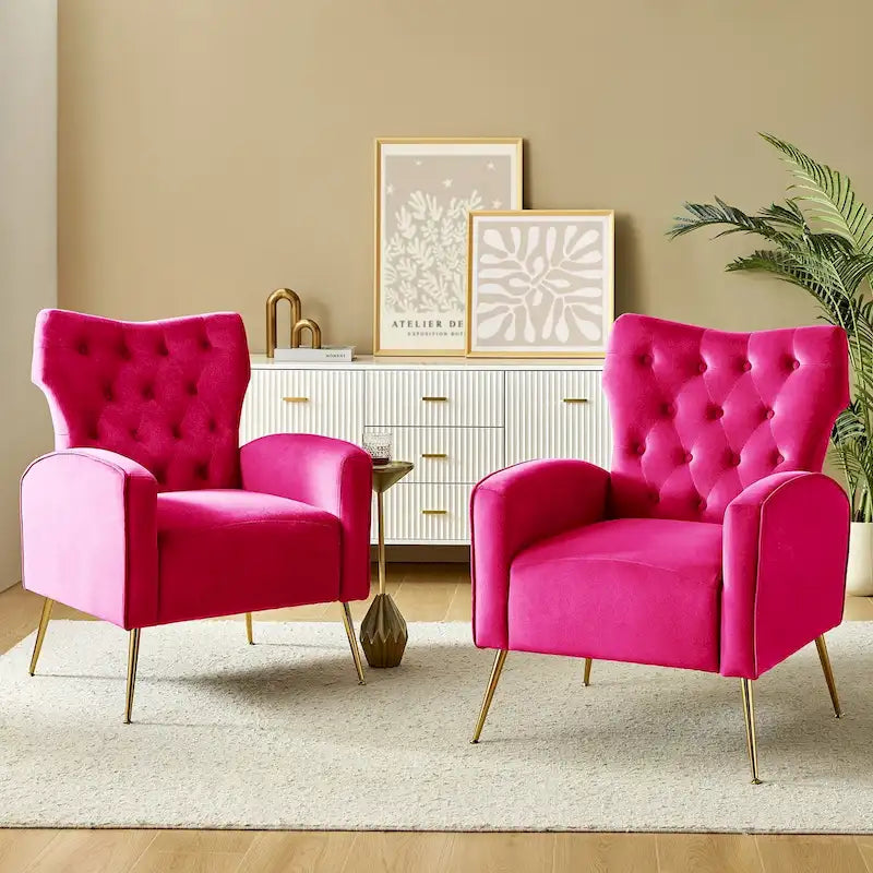 Fauteuil à oreilles contemporain en velours capitonné avec pieds évasés en métal doré (paquet de 2)
