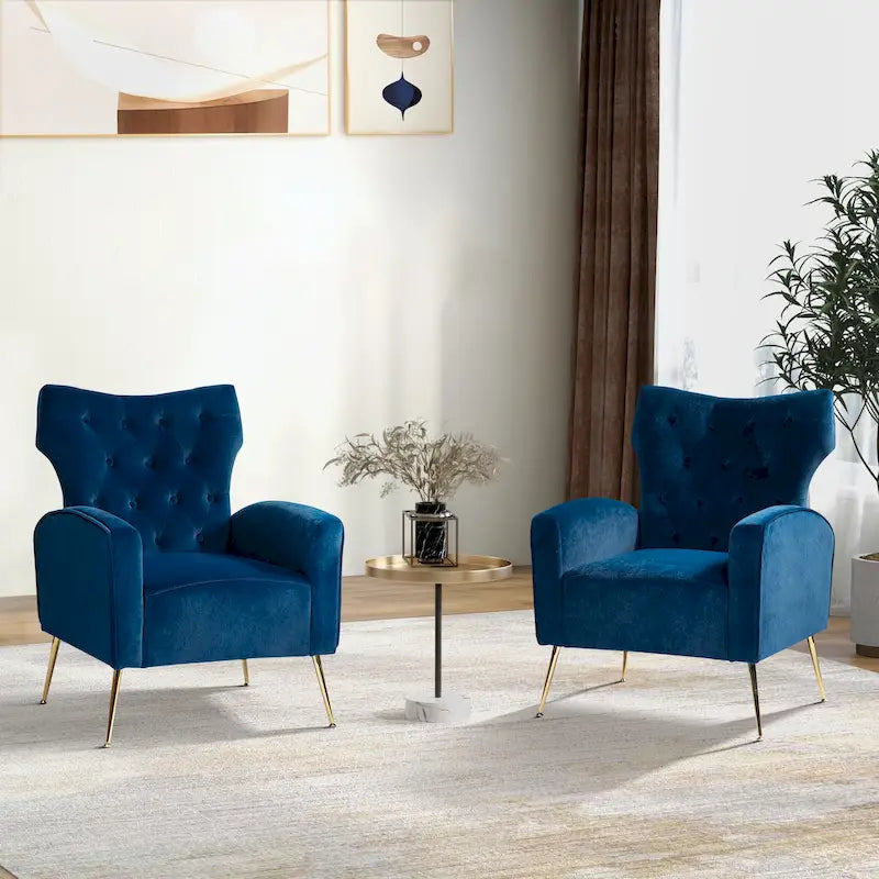 Fauteuil à oreilles contemporain en velours capitonné avec pieds évasés en métal doré (paquet de 2)
