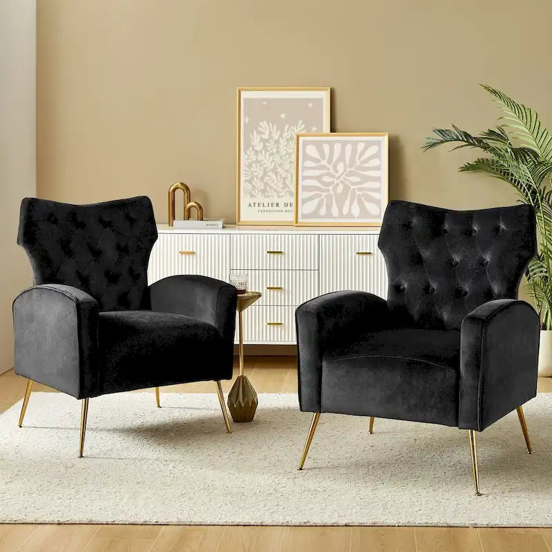 Fauteuil à oreilles contemporain en velours capitonné avec pieds évasés en métal doré (paquet de 2)