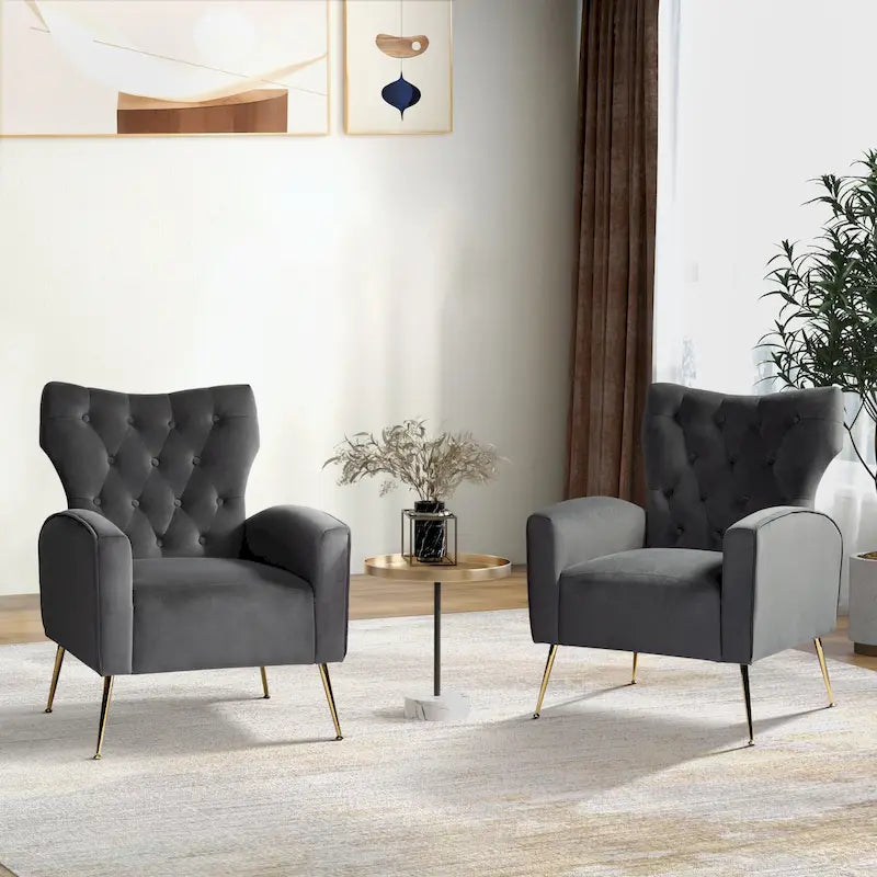 Fauteuil à oreilles contemporain en velours capitonné avec pieds évasés en métal doré (paquet de 2)