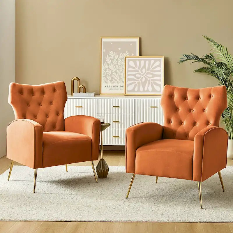 Fauteuil à oreilles contemporain en velours capitonné avec pieds évasés en métal doré (paquet de 2)