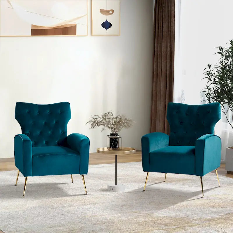 Fauteuil à oreilles contemporain en velours capitonné avec pieds évasés en métal doré (paquet de 2)