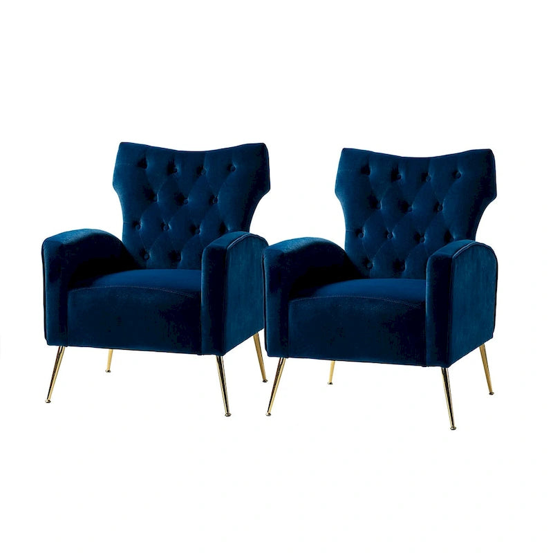 Fauteuil à oreilles contemporain en velours capitonné avec pieds évasés en métal doré (paquet de 2)