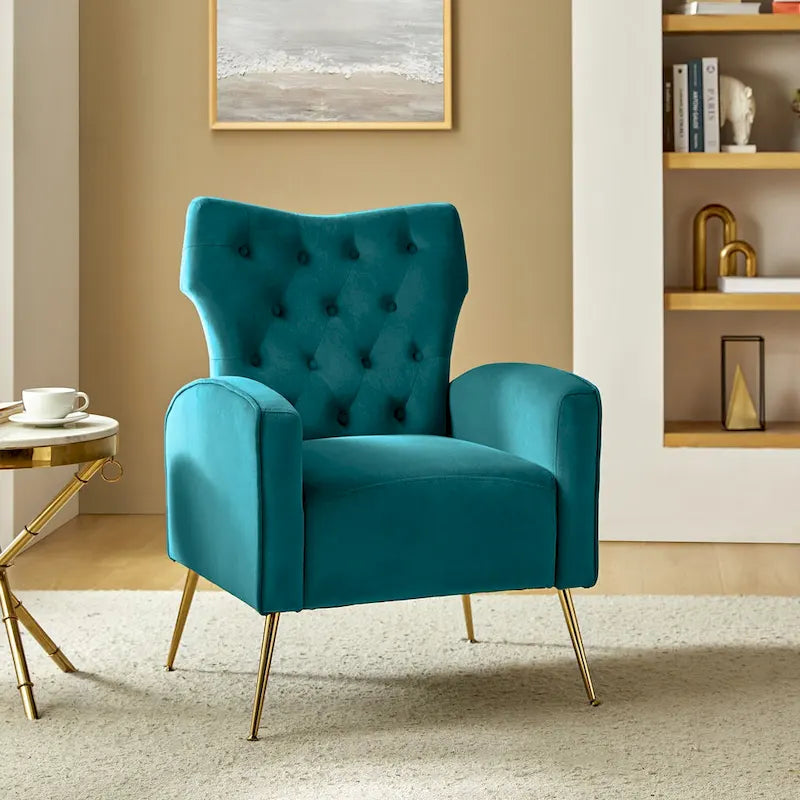 Fauteuil à oreilles contemporain en velours capitonné avec pieds évasés en métal doré (paquet de 2)