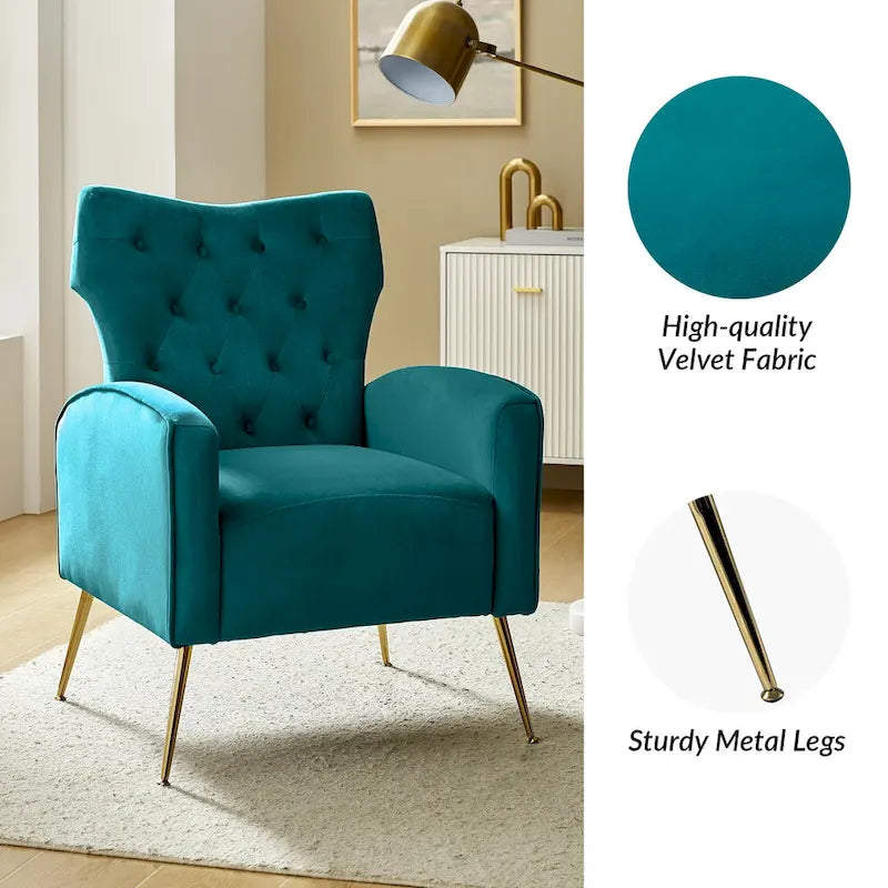 Fauteuil à oreilles contemporain en velours capitonné avec pieds évasés en métal doré (paquet de 2)