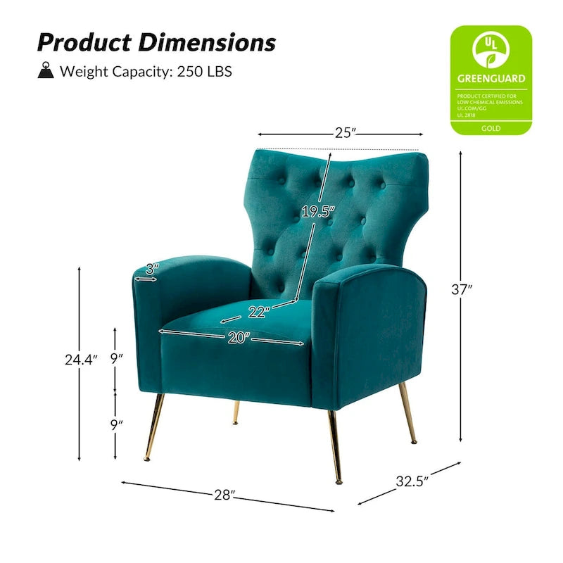 Fauteuil à oreilles contemporain en velours capitonné avec pieds évasés en métal doré (paquet de 2)