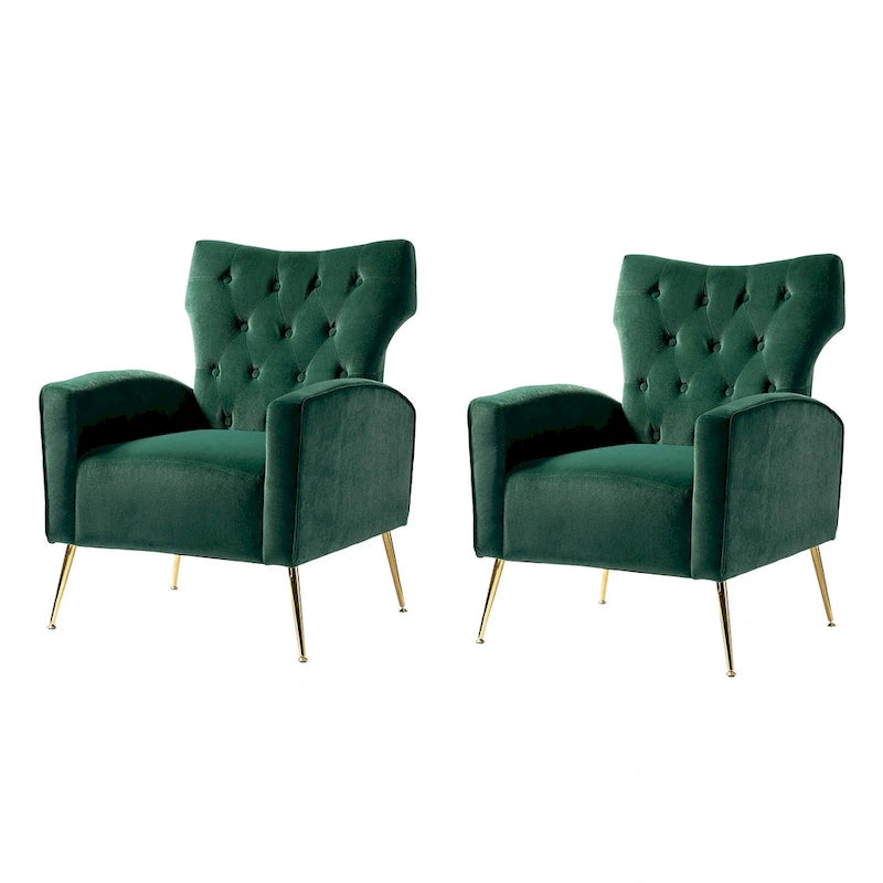 Fauteuil à oreilles contemporain en velours capitonné avec pieds évasés en métal doré (paquet de 2)