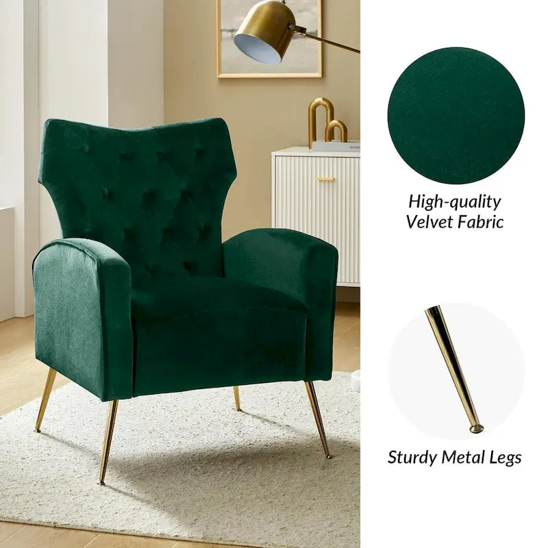 Fauteuil à oreilles contemporain en velours capitonné avec pieds évasés en métal doré (paquet de 2)