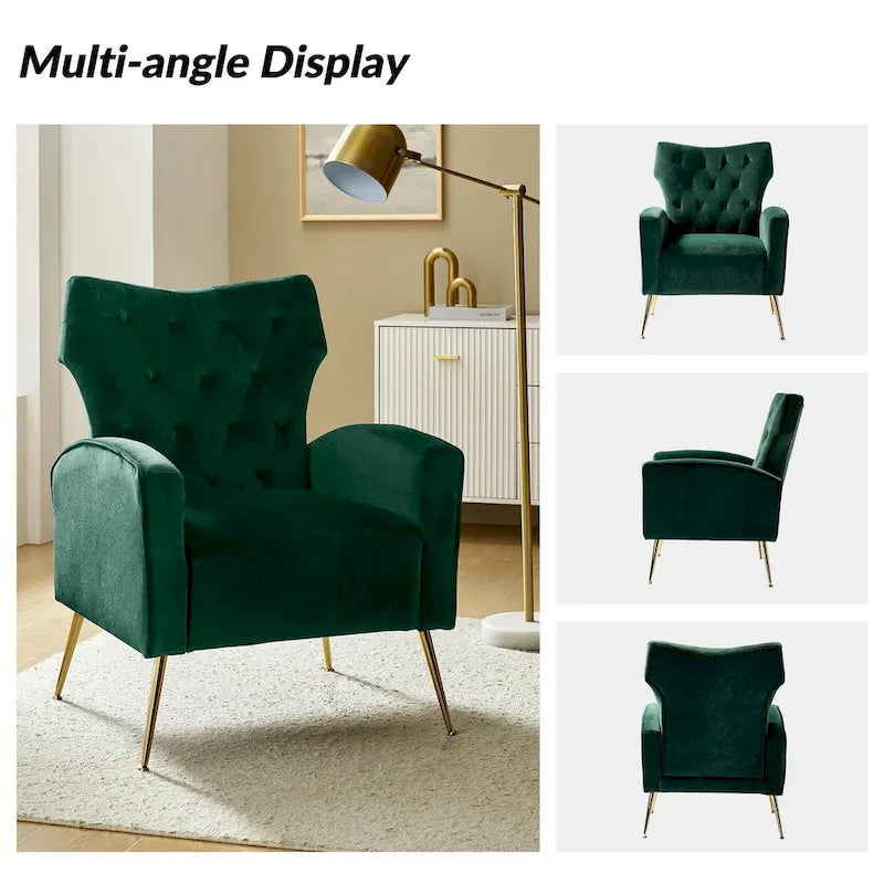 Fauteuil à oreilles contemporain en velours capitonné avec pieds évasés en métal doré (paquet de 2)