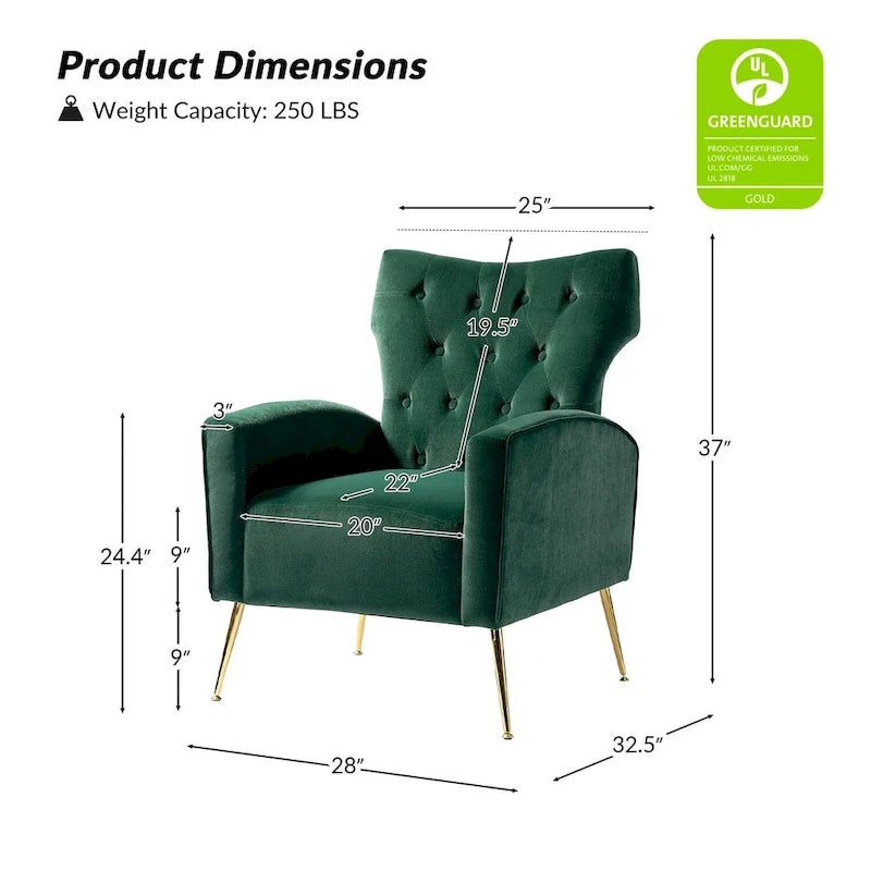 Fauteuil à oreilles contemporain en velours capitonné avec pieds évasés en métal doré (paquet de 2)
