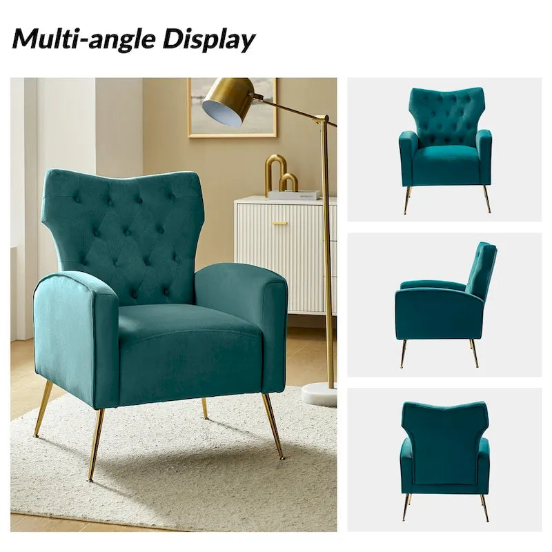 Fauteuil à oreilles contemporain en velours capitonné avec pieds évasés en métal doré (paquet de 2)