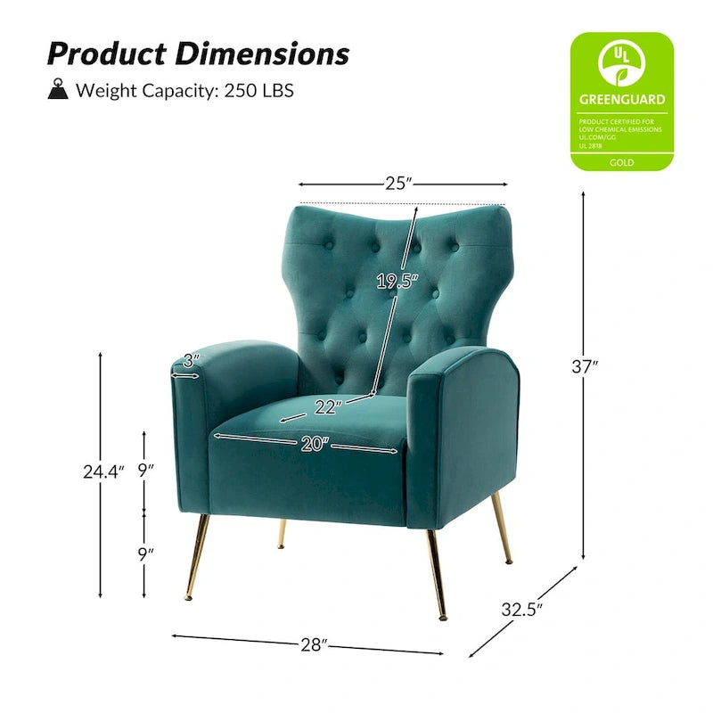 Fauteuil à oreilles contemporain en velours capitonné avec pieds évasés en métal doré (paquet de 2)
