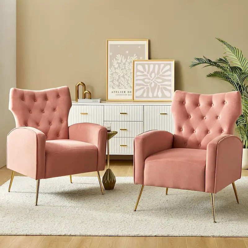 Fauteuil à oreilles contemporain en velours capitonné avec pieds évasés en métal doré (paquet de 2)