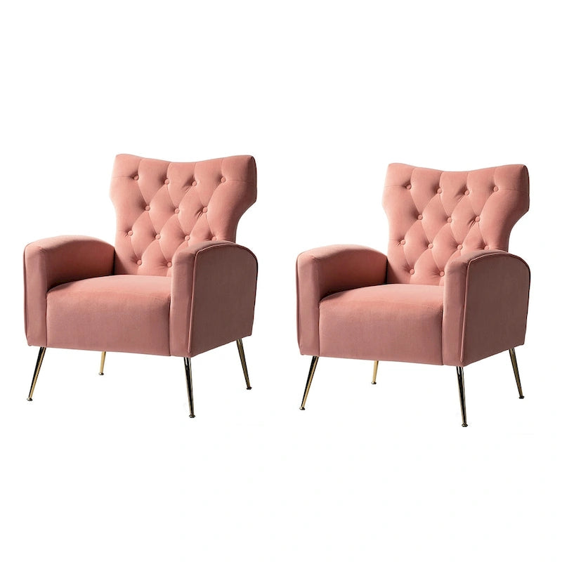 Fauteuil à oreilles contemporain en velours capitonné avec pieds évasés en métal doré (paquet de 2)