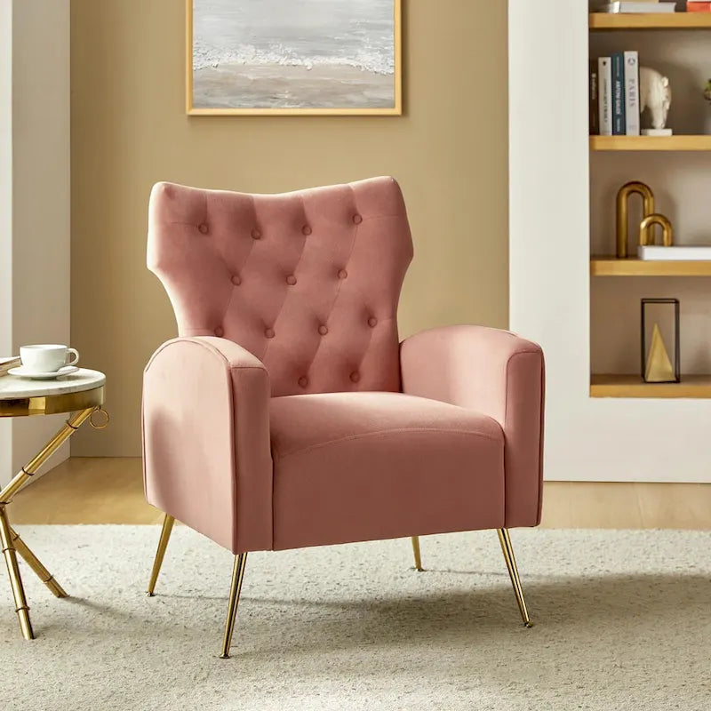 Fauteuil à oreilles contemporain en velours capitonné avec pieds évasés en métal doré (paquet de 2)