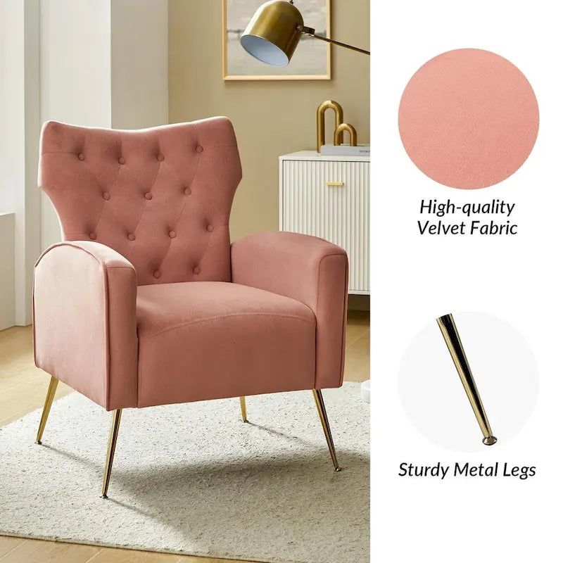 Fauteuil à oreilles contemporain en velours capitonné avec pieds évasés en métal doré (paquet de 2)