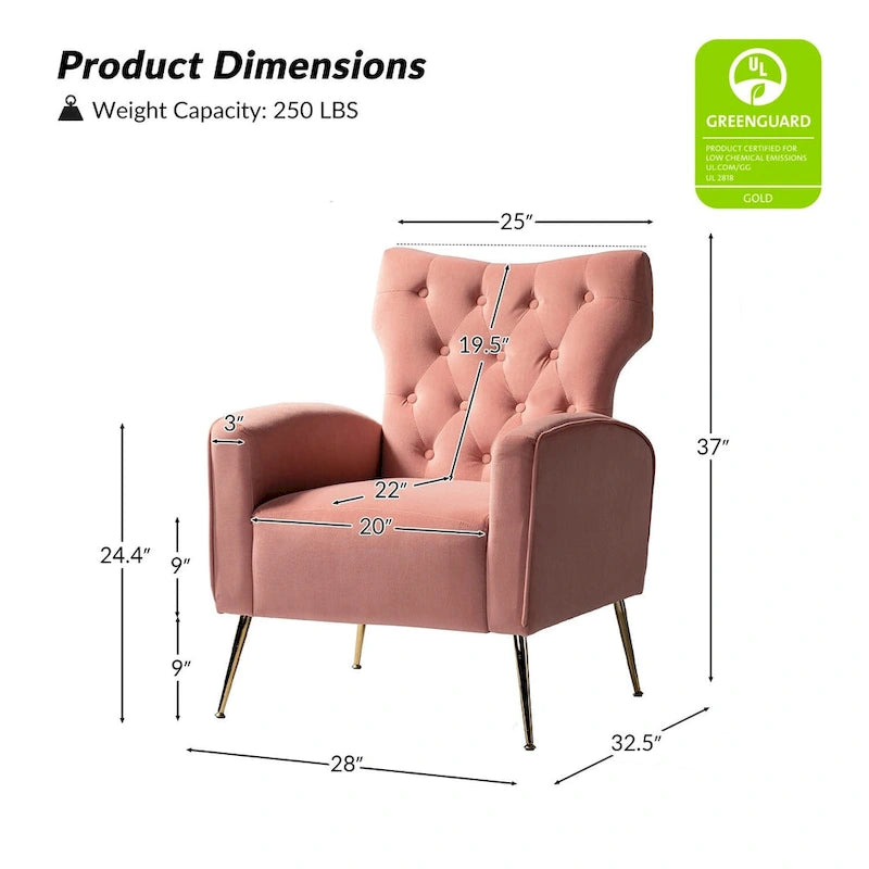 Fauteuil à oreilles contemporain en velours capitonné avec pieds évasés en métal doré (paquet de 2)
