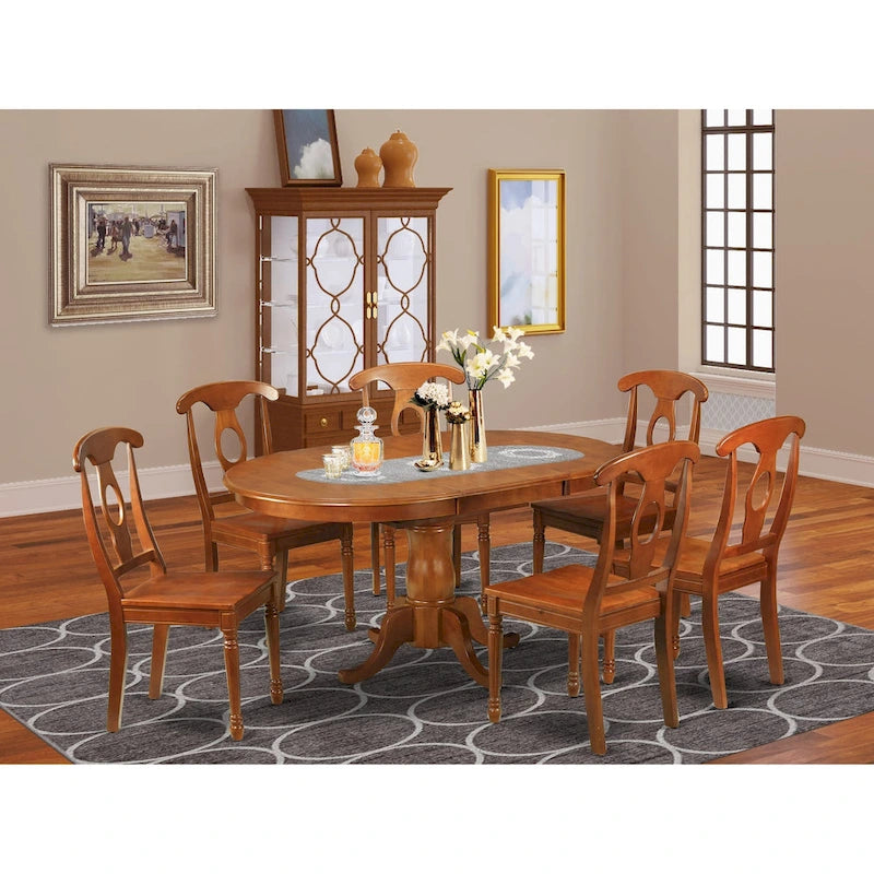 Ensemble de salle à manger 7 pièces avec table ovale et chaises massives, brun selle